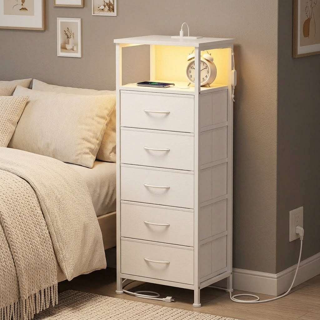 LEDREM Bedroom Bedside Table with LED Lights and Charging Station, Nightstand with 5 Drawers and 1 Shelf, White