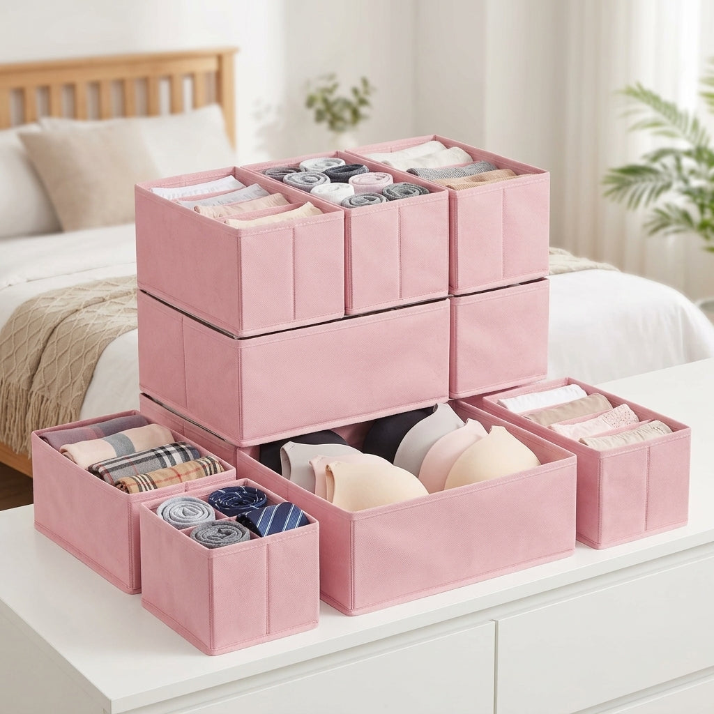 LEDREM Dresser Drawer Organizer, Set of 12, Foldable Paper, Non-Woven Fabric Storage Bins for Socks, Underwear, Bras, Ties, Scarves, Pink