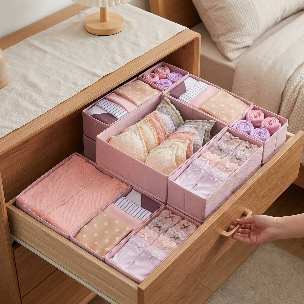 LEDREM Dresser Drawer Organizer, Set of 12, Foldable Paper, Non-Woven Fabric Storage Bins for Socks, Underwear, Bras, Ties, Scarves, Pink