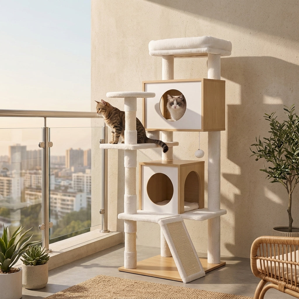 LEDREM Wood Cat Tree, 5-Tier Cat Tower with Scratching Post and 2 Condos, 53.9 Inches, Oak Beige and Cloud White