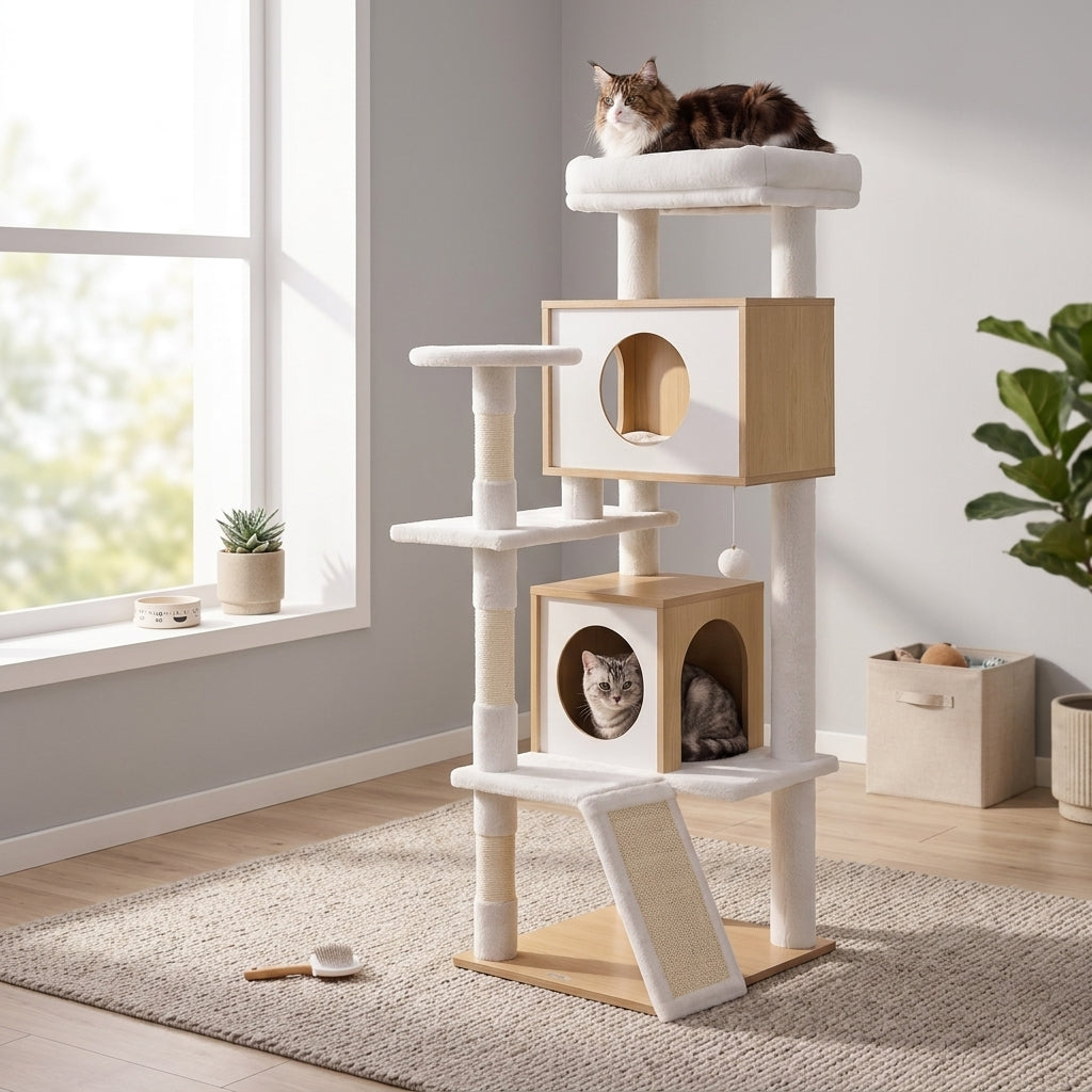 LEDREM Wood Cat Tree, 5-Tier Cat Tower with Scratching Post and 2 Condos, 53.9 Inches, Oak Beige and Cloud White