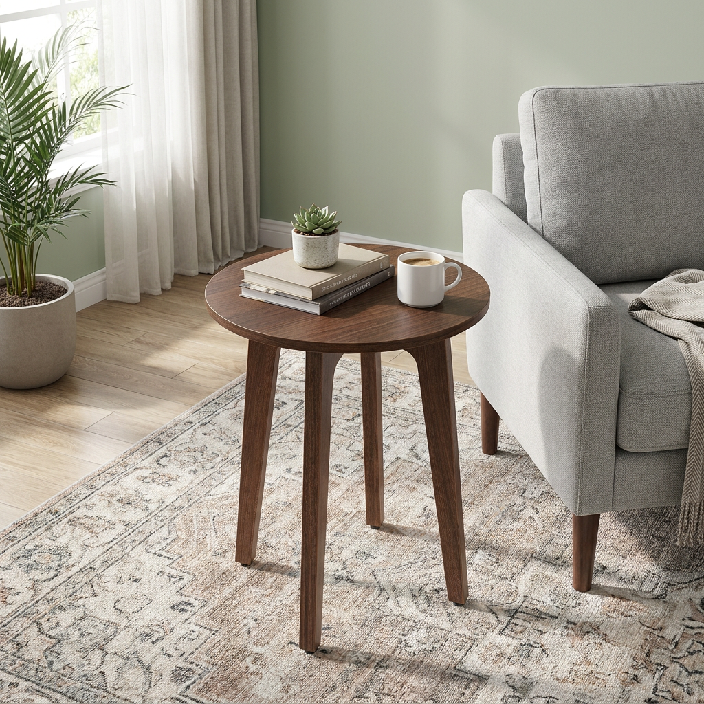 LEDREM Round Side Table, Mid-Century Modern Compact End Table for Small Spaces, 15.7 x 15.7 x 20 Inches, Walnut