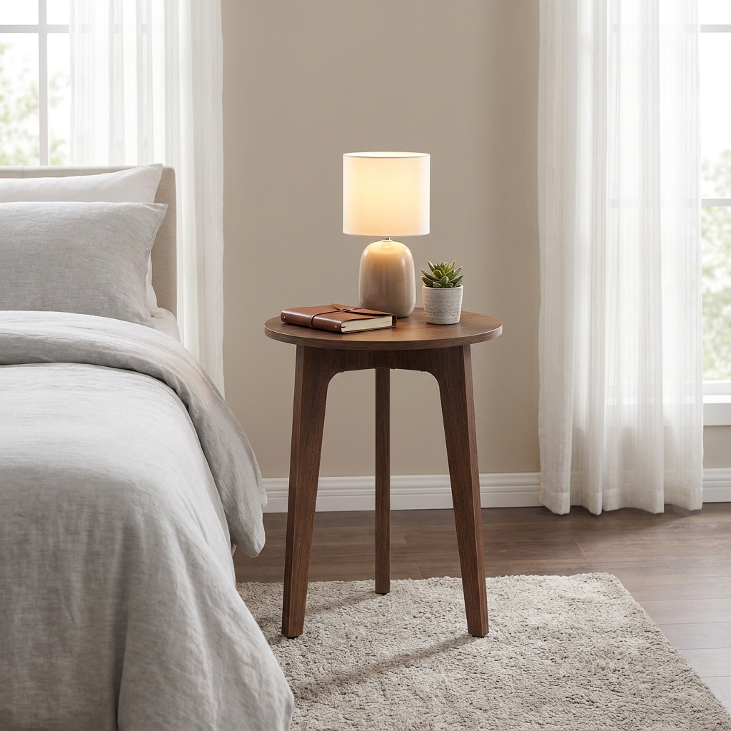 LEDREM Round Side Table, Mid-Century Modern Compact End Table for Small Spaces, 15.7 x 15.7 x 20 Inches, Walnut