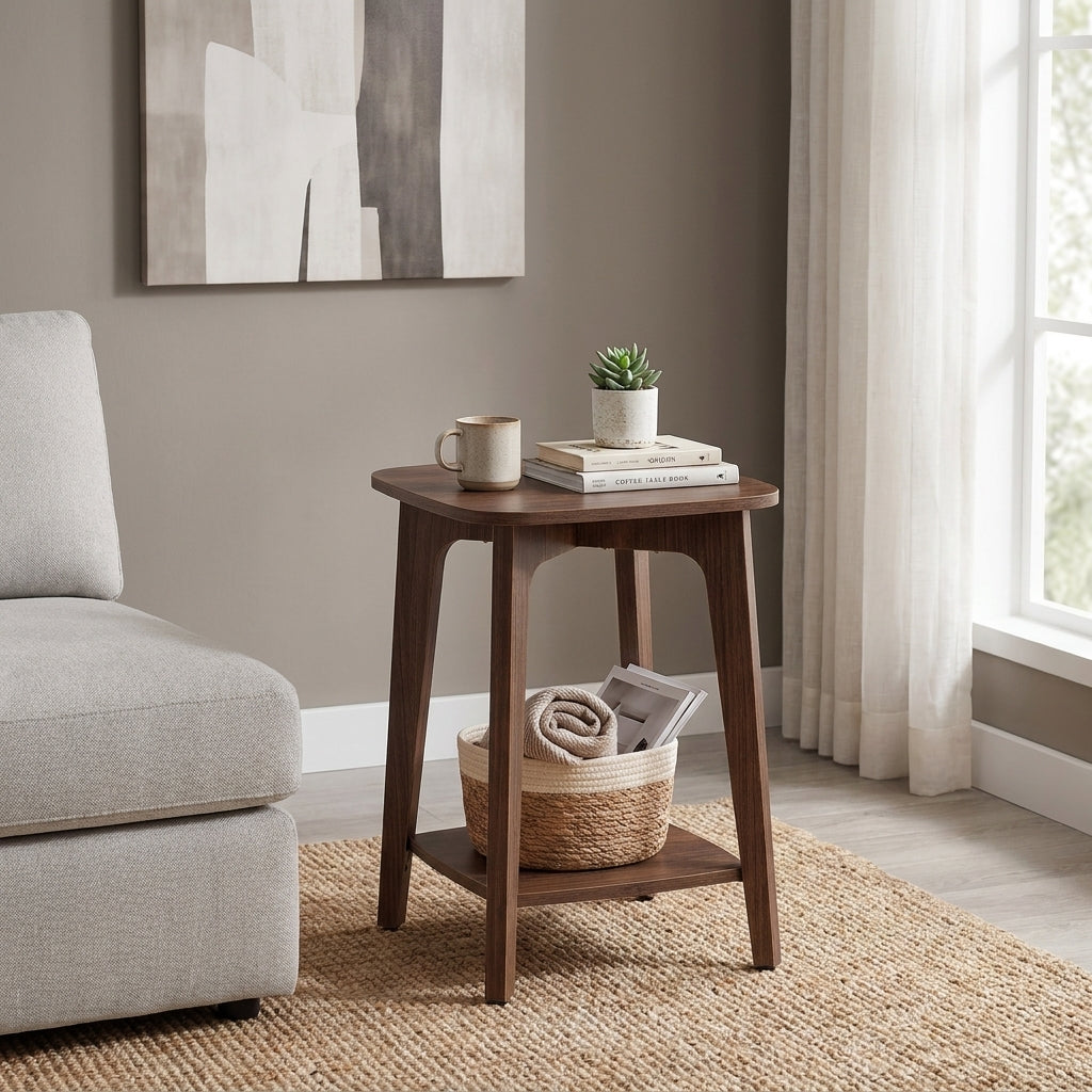 LEDREM End Table, 2-Tier Mid-Century Modern Nightstand, 15.7 x 15.7 x 21.5 Inches, Brown
