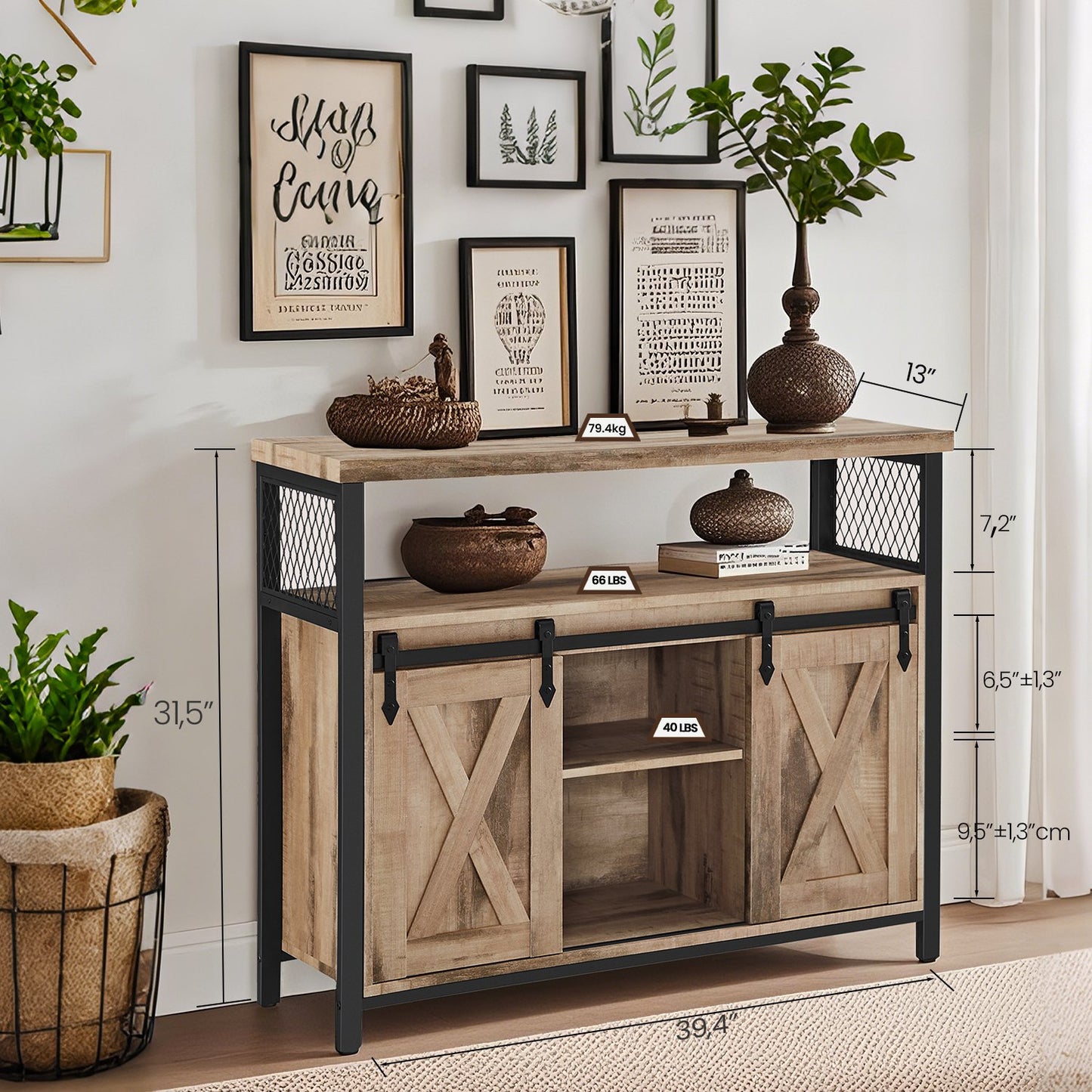 Industrial Coffee Bar Cabinet - 39.4" Sideboard with 2 Sliding Barn Doors, Adjustable Shelves, Steel Frame, Camel Brown and Black