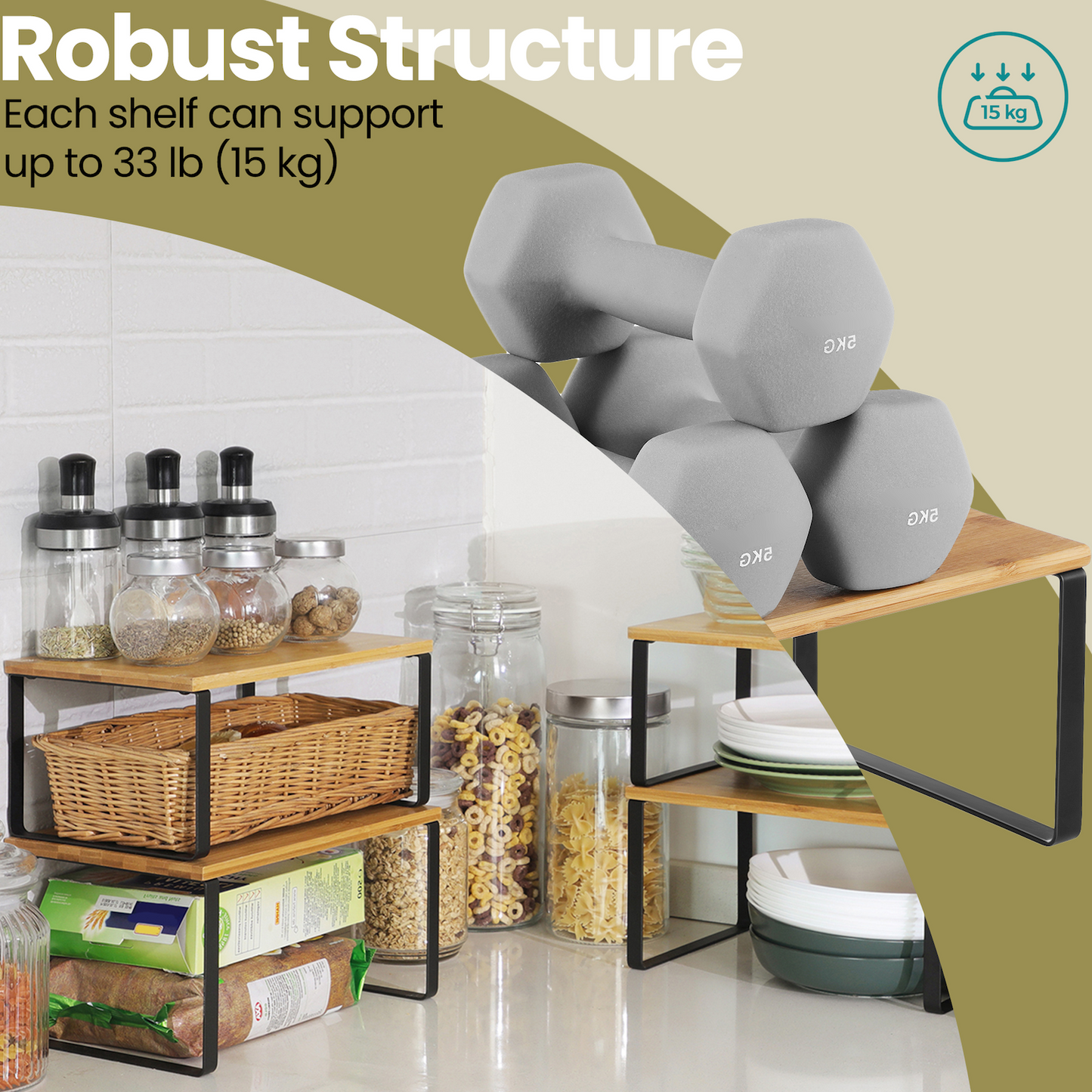 Kitchen Cabinet Organizer Shelf Set of 4 - Stackable & Expandable Countertop Storage, Spice Rack for Pantry, Metal Frame & Wood Top, Ink Black & Natural Beige