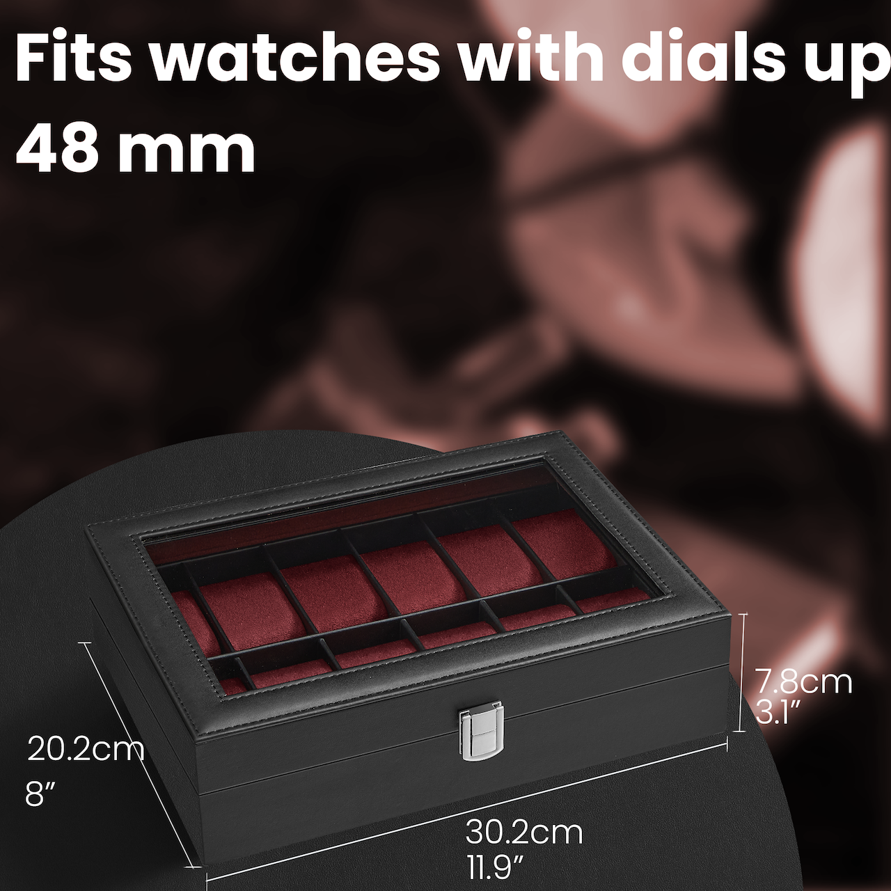 12-Slot Premium Watch Case with Glass Lid & Removable Pillows, PU Leather Watch Organizer, Gift Box for Watch Lovers, Black and Wine Red