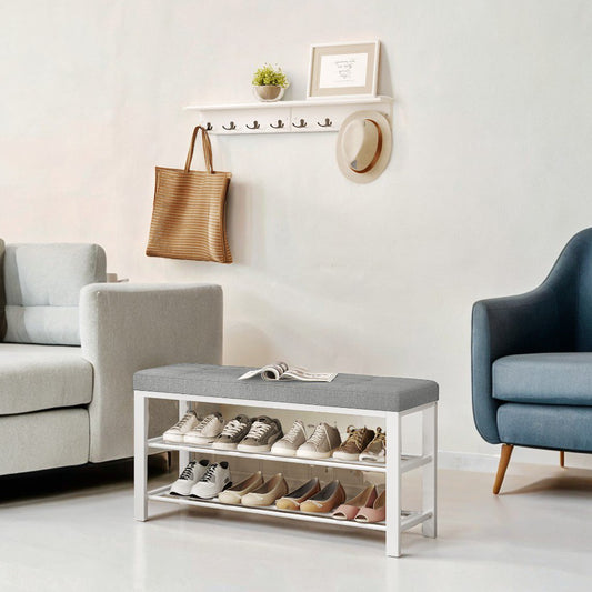 2-Tier Storage Bench with Premium Cushion, 300lb Capacity Shoe Organizer & Seat, Holds 10 Pairs, Quick Assembly, White