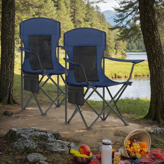 Premium Folding Camping Chairs Set of 2 - High Back Mesh Design, Adjustable Armrests, 330lb Capacity, with Cup Holder & Storage Pocket, Harbor Blue