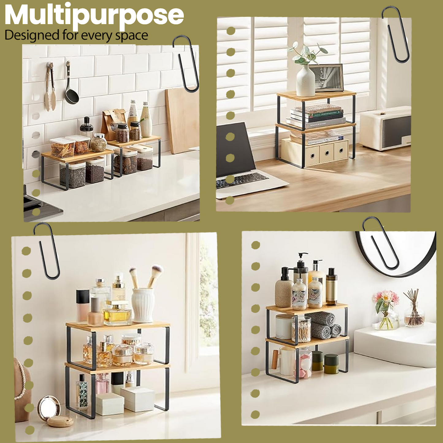 Kitchen Cabinet Organizer Shelf Set of 4 - Stackable & Expandable Countertop Storage, Spice Rack for Pantry, Metal Frame & Wood Top, Ink Black & Natural Beige