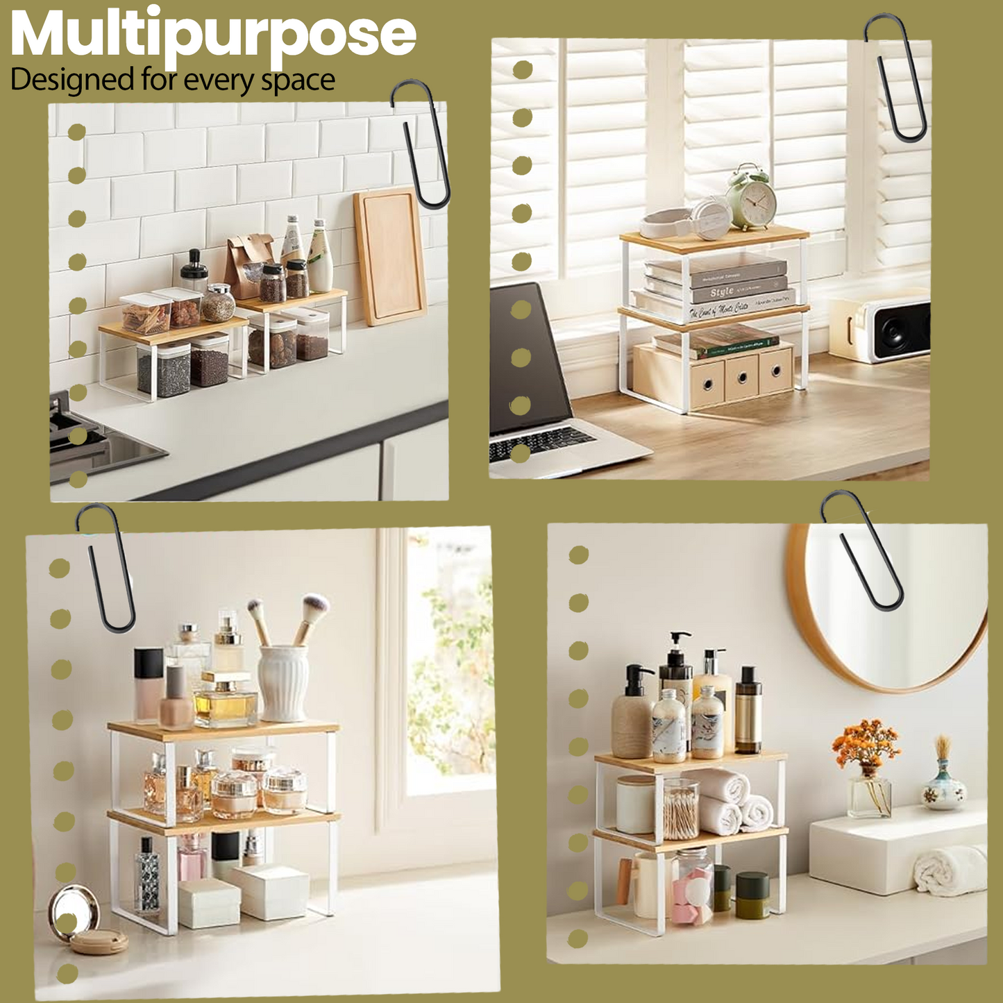 Kitchen Cabinet Organizer Shelf Set - 4-Tier Stackable & Expandable Storage Rack, Spice & Pantry Shelf, Metal，Wood Design, White，Beige