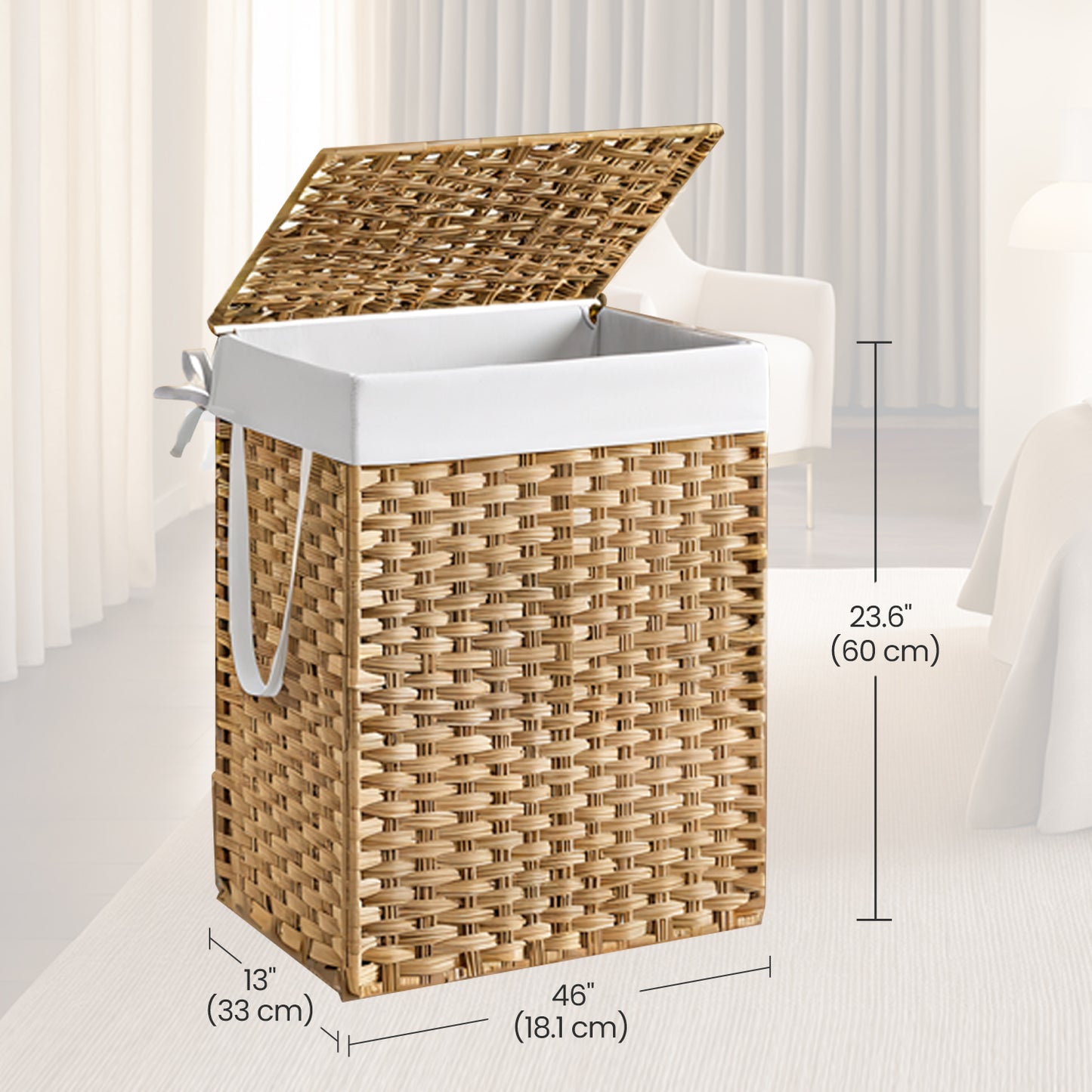 Foldable Laundry Hamper with Removable Liner & Lid – 23.8 Gallon (90L) Synthetic Rattan Basket, Handles for Easy Carry, Space-Saving Design, Fits Bathroom，Bedroom, Goose Yellow