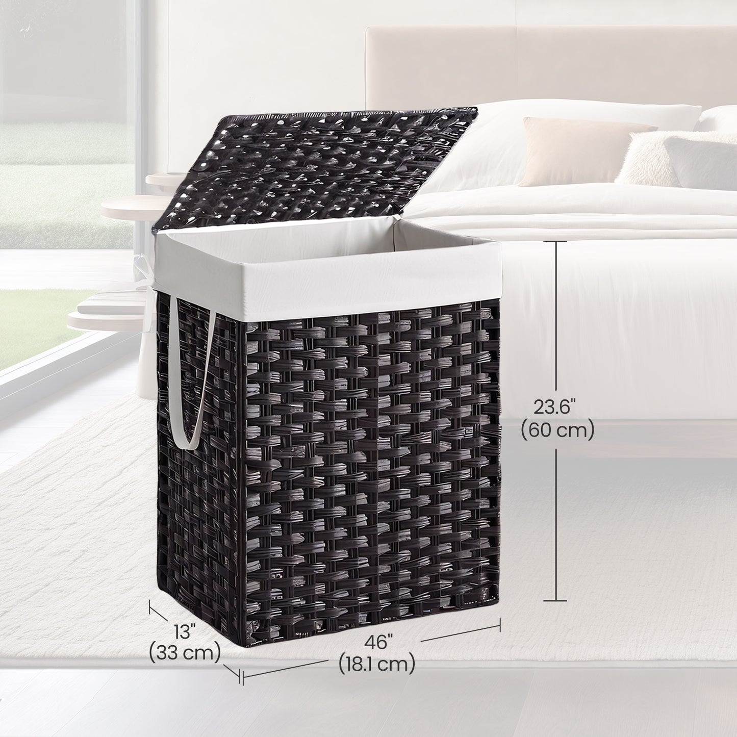 Foldable Laundry Hamper with Removable Liner & Lid – 23.8 Gallon (90L) Synthetic Rattan Basket, Handles, Space-Saving for Bedroom，Bathroom, Black