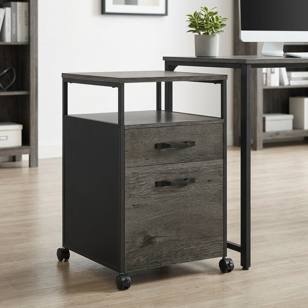 Mobile 2-Drawer File Cabinet with Wheels and Open Shelf, Locking Casters for A4/Letter Files, Charcoal Gray and Black