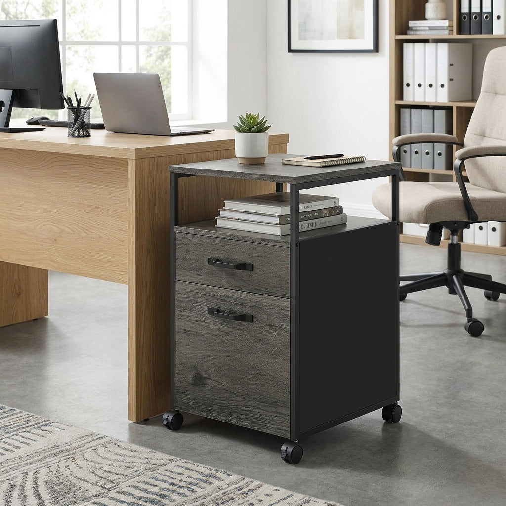 Mobile 2-Drawer File Cabinet with Wheels and Open Shelf, Locking Casters for A4/Letter Files, Charcoal Gray and Black