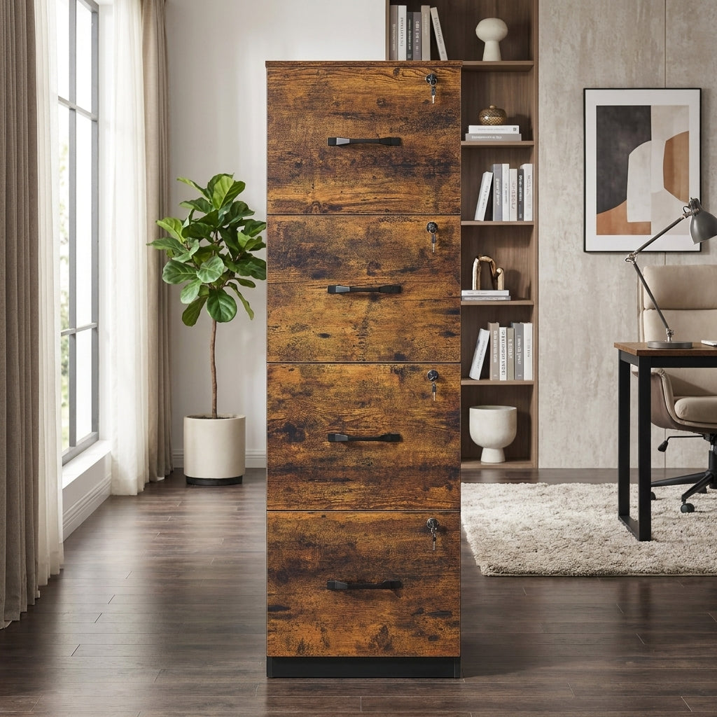 4-Drawer Vertical File Cabinet with Locking Drawers, Adjustable Hanging Rail for A4/Letter Files, Rustic Brown