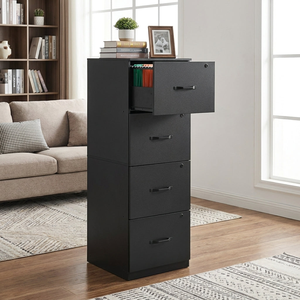 4-Drawer Vertical File Cabinet with Adjustable Hanging Rails, Lockable Filing Cabinet for A4/Letter Files, Ink Black