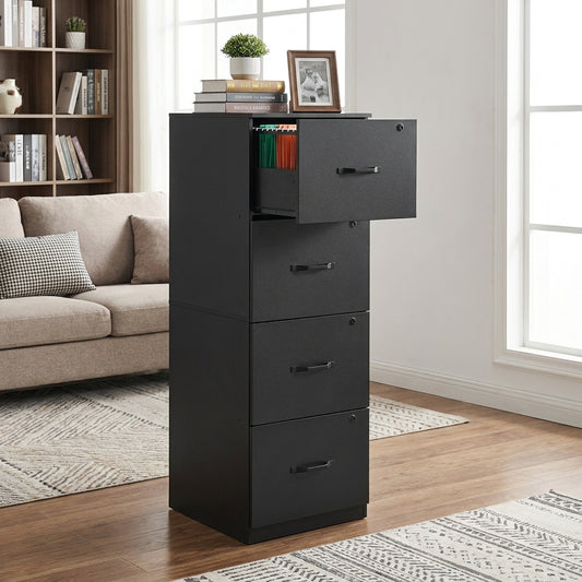4-Drawer Vertical File Cabinet with Adjustable Hanging Rails, Lockable Filing Cabinet for A4/Letter Files, Ink Black