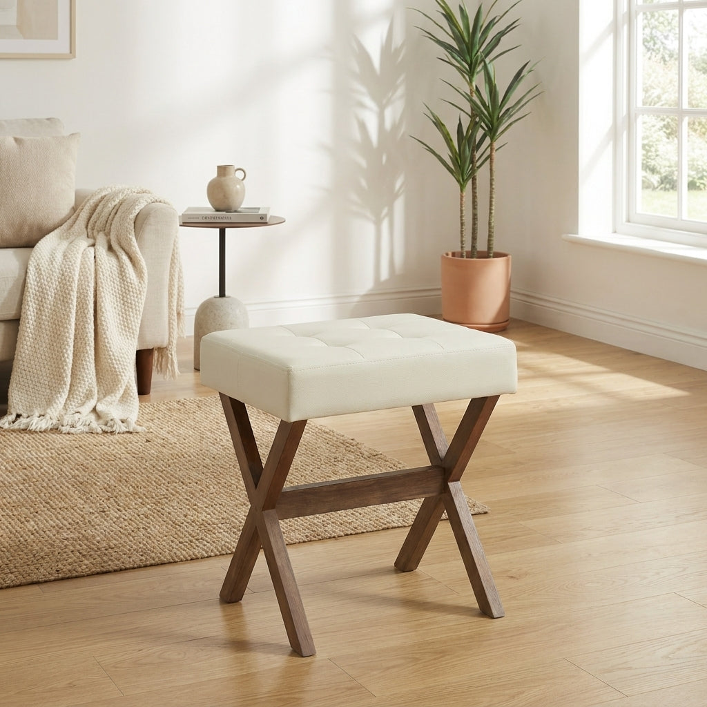 Padded Vanity Stool with Solid Wood X-Legs, 16.5 Inch Makeup Stool for Bedroom Closet, Summer Sand and Brown