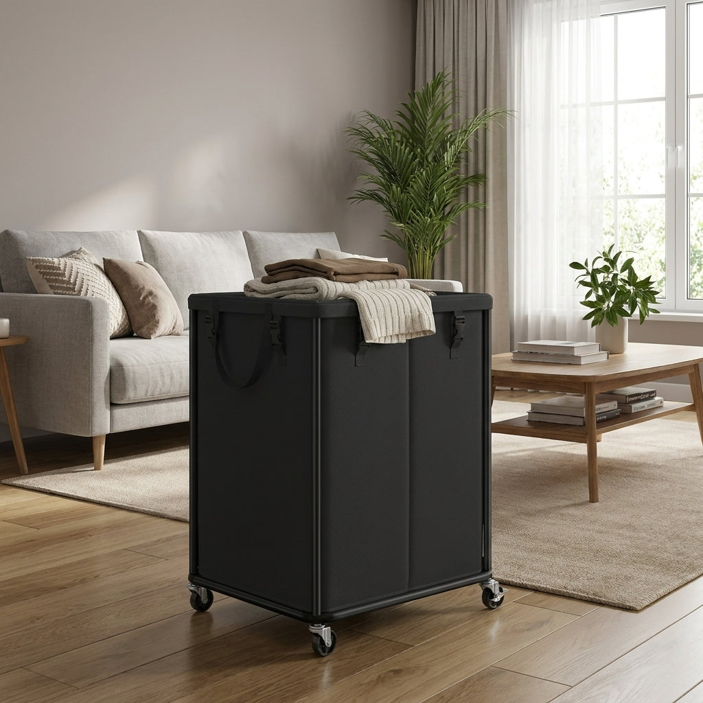 Rolling Laundry Hamper with Wheels and Steel Frame, 45 Gal Removable Liner Bag, for Bedroom Bathroom Laundry Room, Ink Black