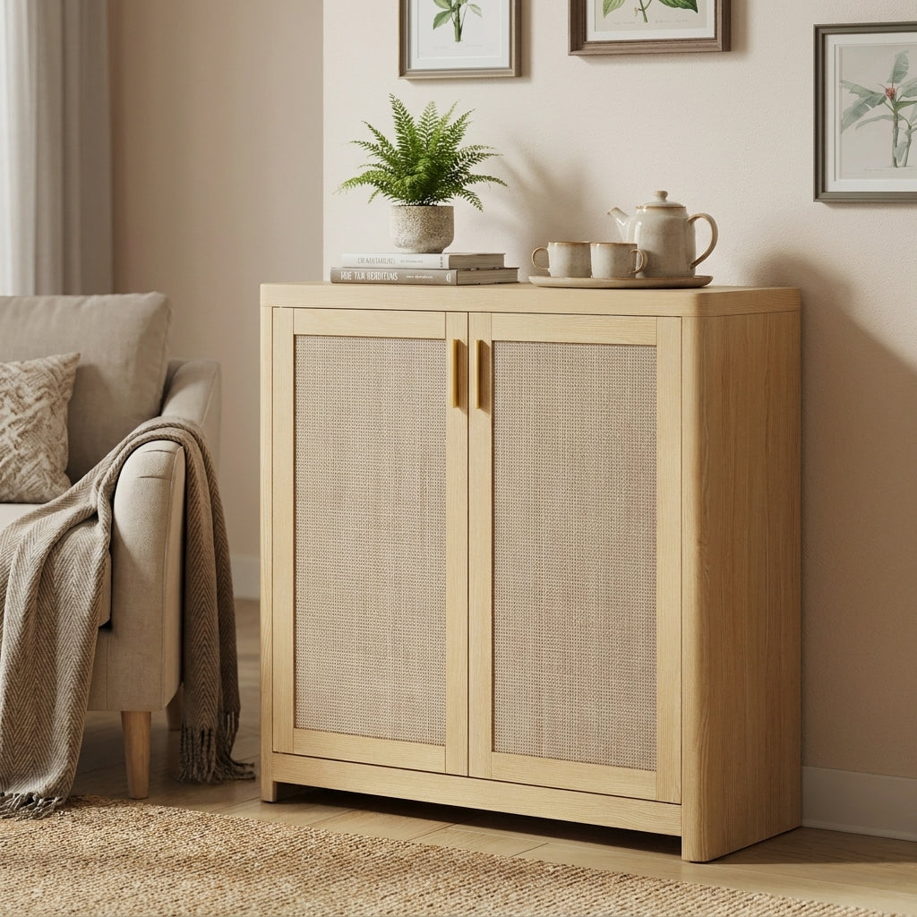 Boho Buffet Cabinet, Sideboard Storage with Rattan-Look Doors, Adjustable Shelf, Rounded Corners, for Kitchen Dining Room, Oak Beige