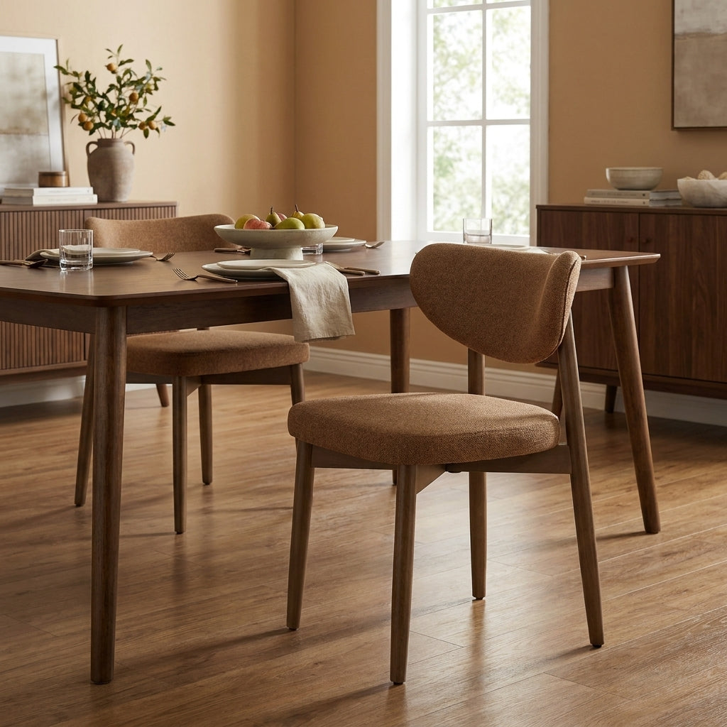 Set of 2 Wooden Dining Chairs, Upholstered Kitchen Chairs with Solid Wood Legs, Curved Backrest, Built-In Handle, Mid Century Modern, Caramel