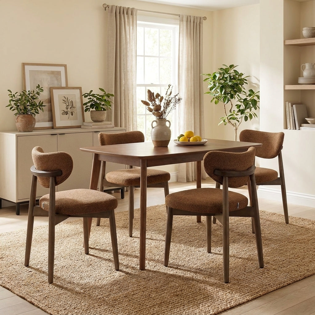 Set of 2 Wooden Dining Chairs, Upholstered Kitchen Chairs with Solid Wood Legs, Curved Backrest, Built-In Handle, Mid Century Modern, Caramel