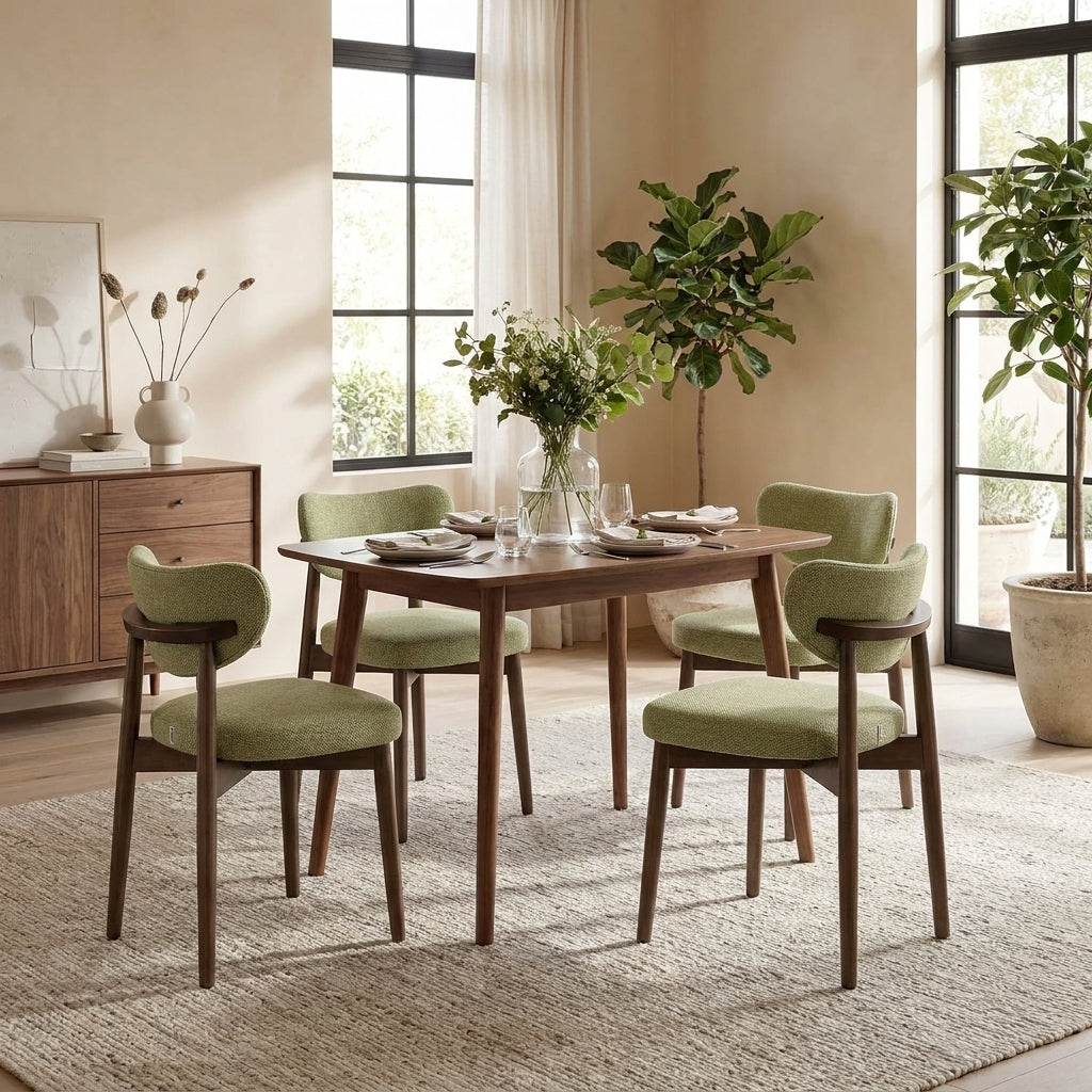 Set of 2 Wooden Dining Chairs, Upholstered Kitchen Chairs with Solid Wood Legs, Curved Backrest, Built-In Handle, Mid Century Modern, Sage