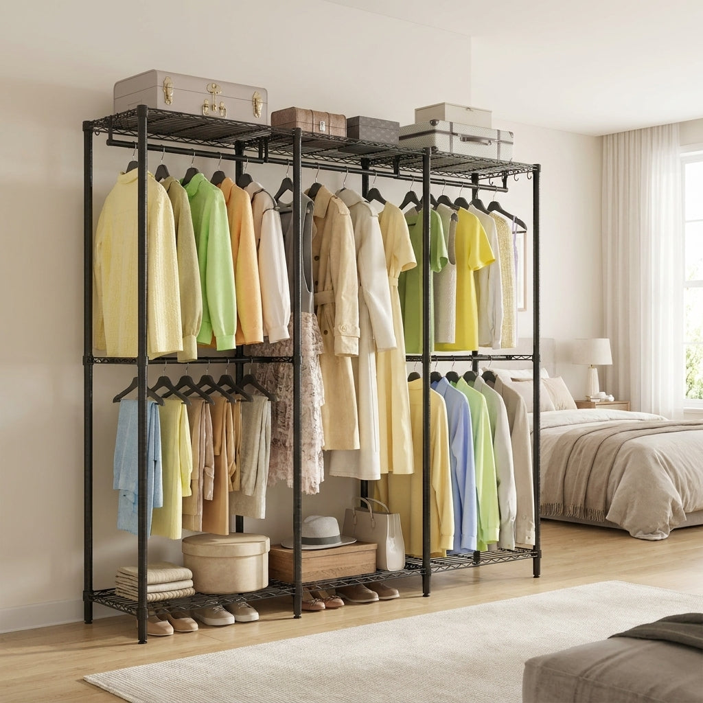 Clothing Rack with Adjustable Shelves & Hanging Rails, Heavy-Duty Garment Rack, Freestanding Portable Wardrobe, Hooks, Ink Black