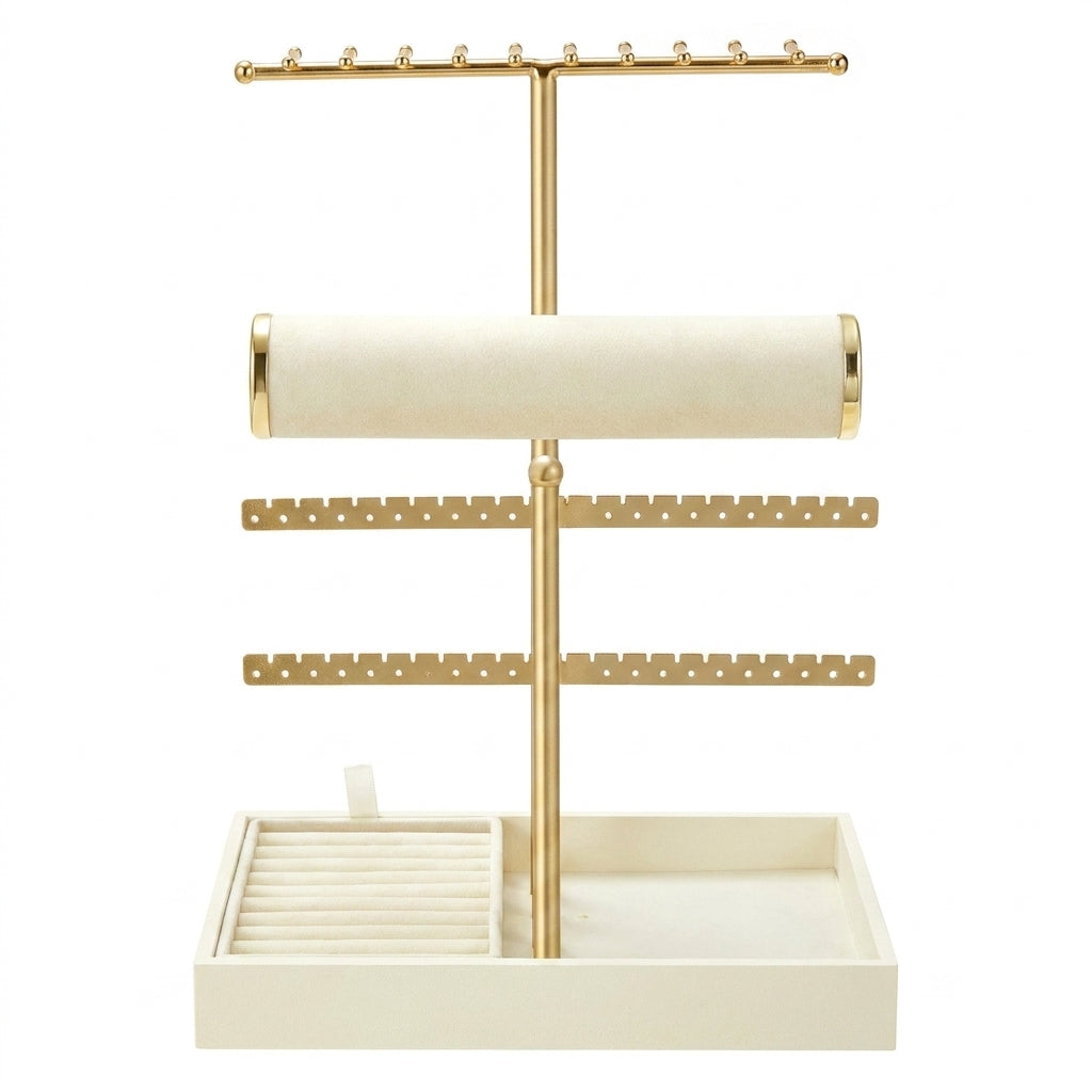 Bracelet Holder Stand with Velvet Tray, 3-Tier Jewelry Organizer for Dresser, Removable Earring and Ring Holder, Warm White and Gold