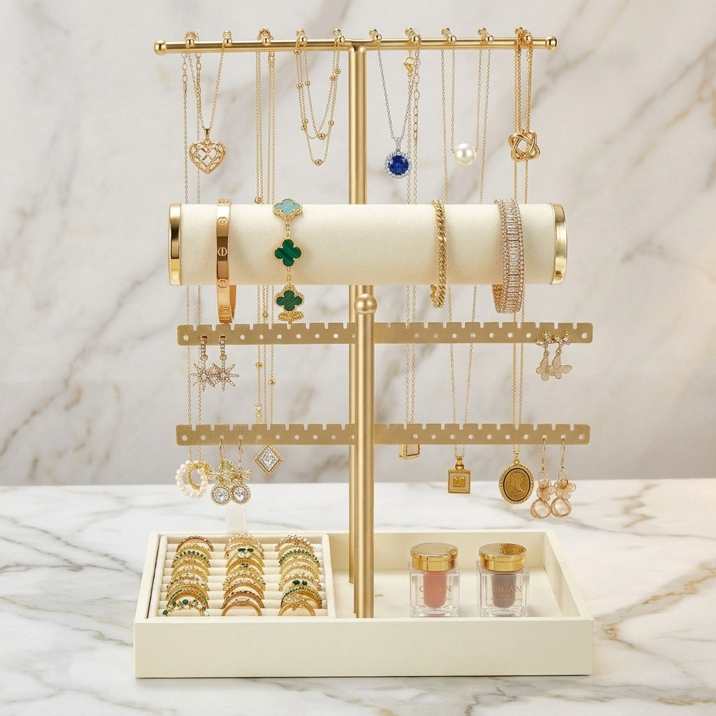 Bracelet Holder Stand with Velvet Tray, 3-Tier Jewelry Organizer for Dresser, Removable Earring and Ring Holder, Warm White and Gold