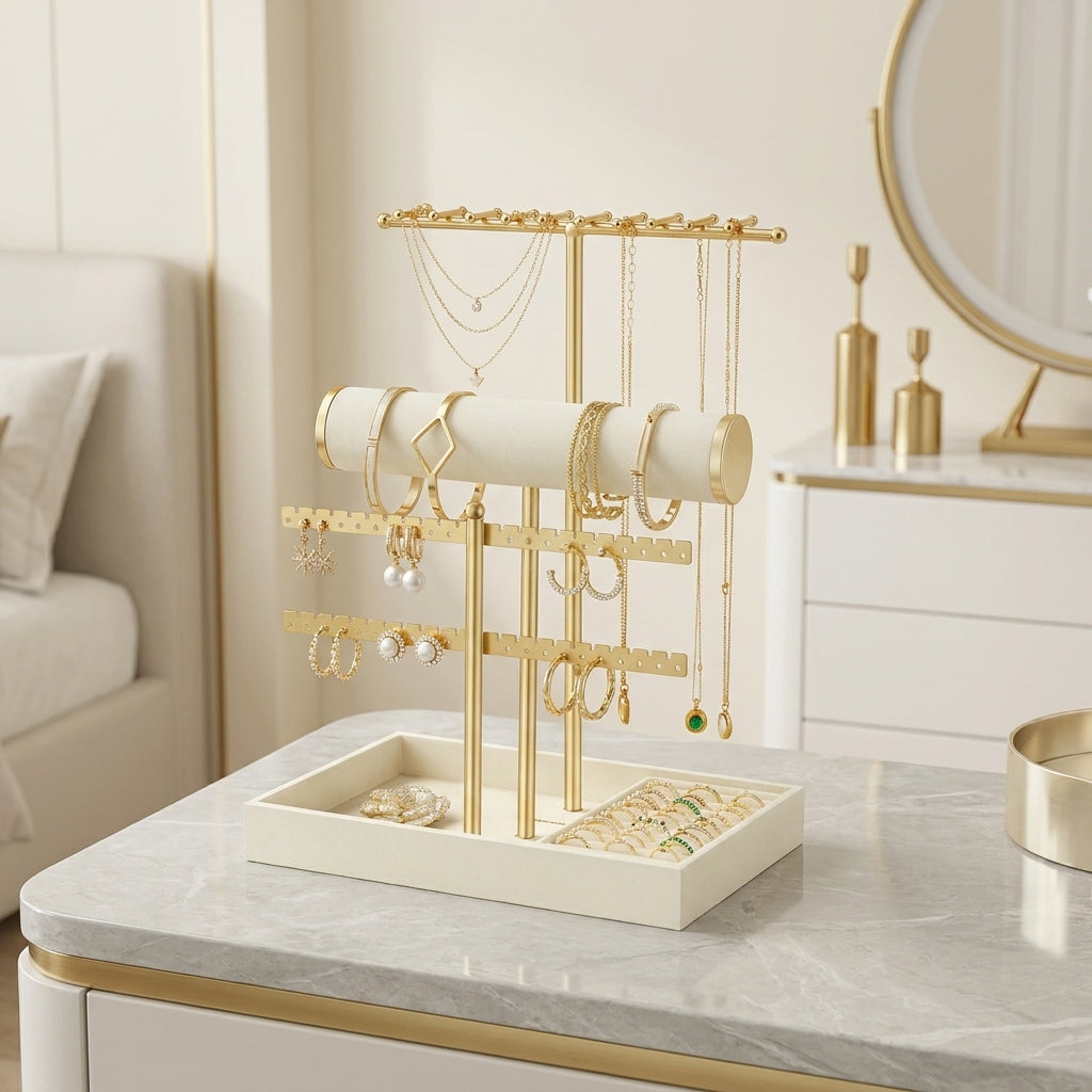 Bracelet Holder Stand with Velvet Tray, 3-Tier Jewelry Organizer for Dresser, Removable Earring and Ring Holder, Warm White and Gold