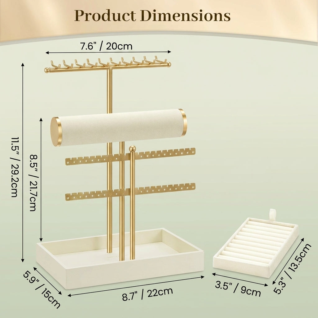 Bracelet Holder Stand with Velvet Tray, 3-Tier Jewelry Organizer for Dresser, Removable Earring and Ring Holder, Warm White and Gold