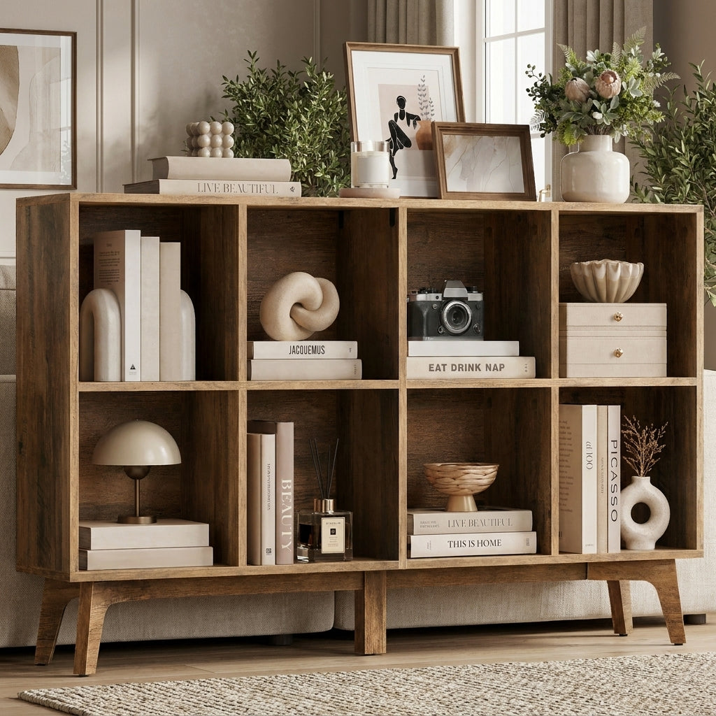 Bookshelf, Bookcase, Freestanding Storage Unit, 8 Open Compartments, Used Horizontally, Vertically, Upside Down, Warm Brown