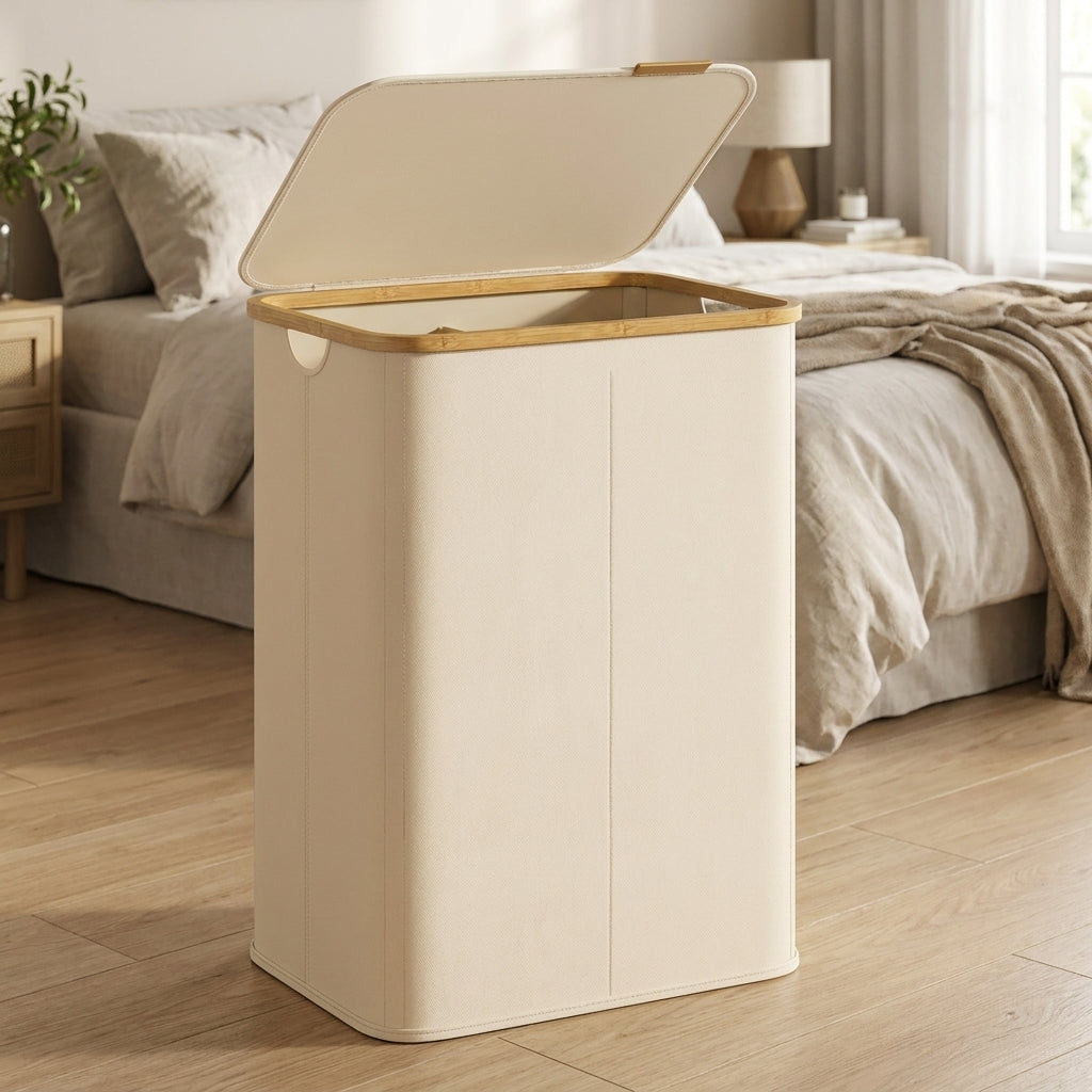Laundry Hamper with Lid, Foldable Bamboo Frame Basket, 37 Gal 2-Compartment Organizer, Oxford Fabric, for Bedroom Living Room, Cream White