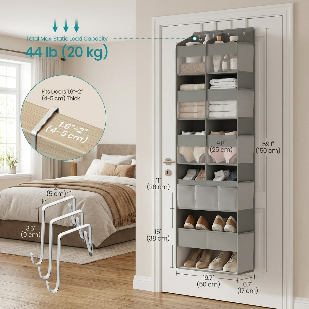 LEDREM Over-the-Door Organizer 5-Tier Heavy-Duty Hanging Storage with Clear Pockets 59.1 x 19.7 x 6.7 inches Grey