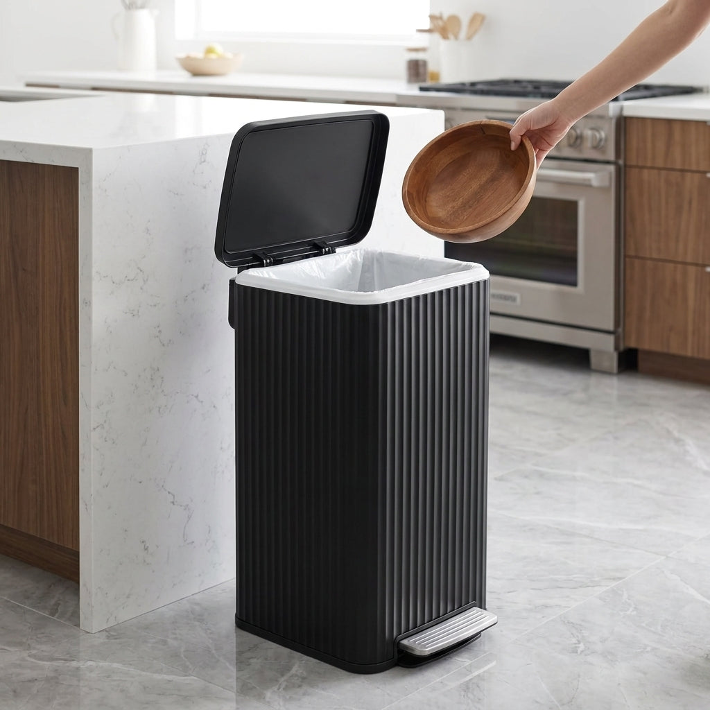 LEDREM Stainless Steel Slim Trash Can with Soft-Close Lid and 15 Bags, 13 Gal., 10.4 x 18.7 x 24.6 inches, Black
