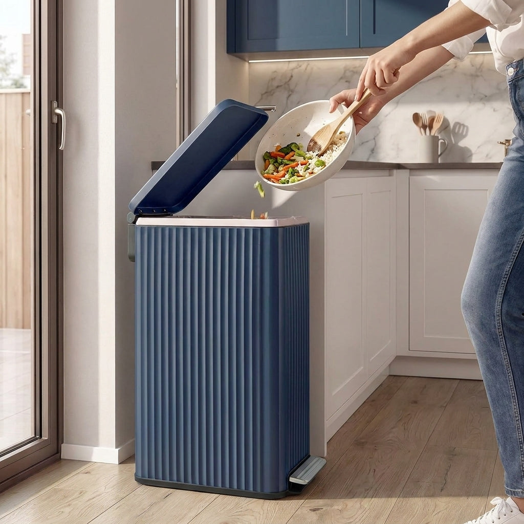 LEDREM Stainless Steel Slim Trash Can with Soft-Close Lid and 15 Bags, 13 Gal., 10.4 x 18.7 x 24.6 inches, Blue