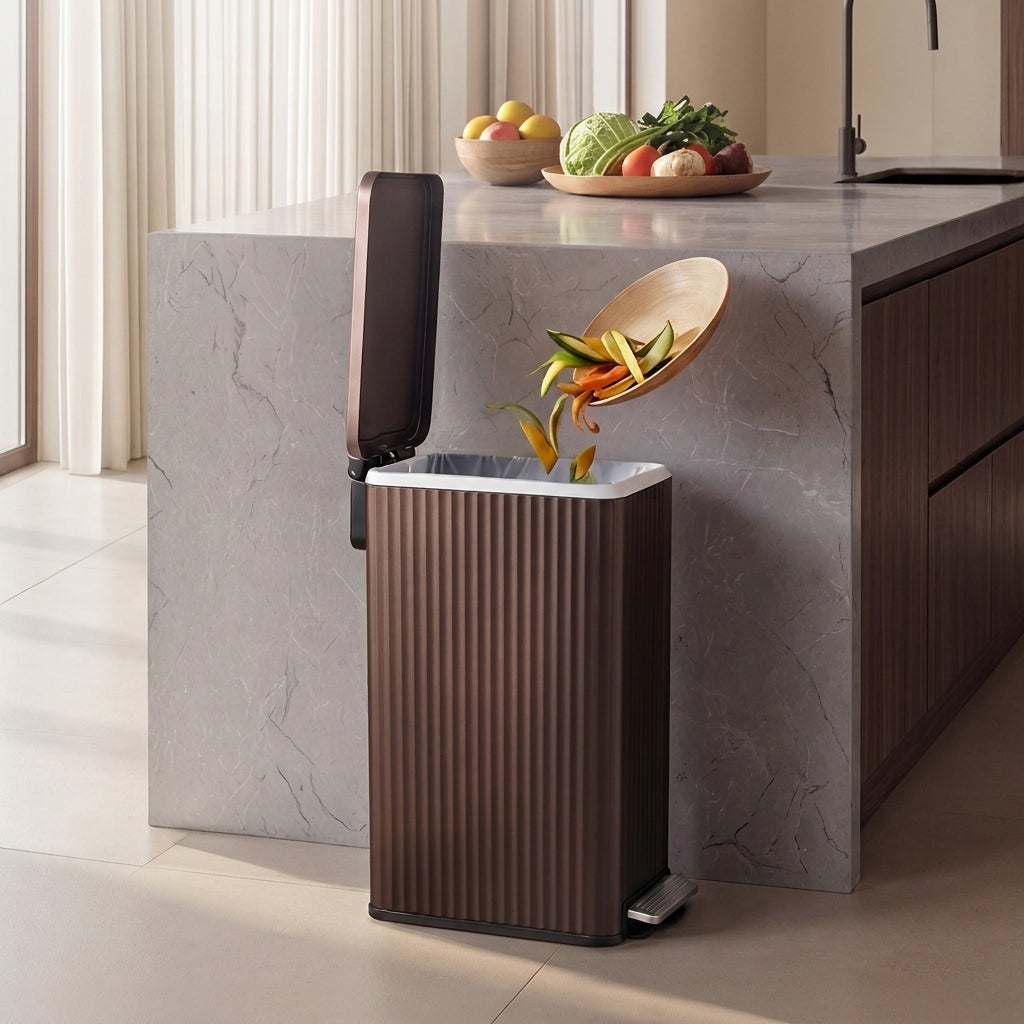 LEDREM Stainless Steel Slim Trash Can with Soft-Close Lid and 15 Bags, 13 Gal., 10.4 x 18.7 x 24.6 inches, Brown