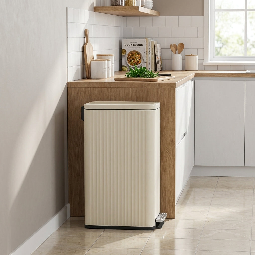 LEDREM Stainless Steel, PP Plastic, PE Plastic Slim Trash Can with Soft-Close Lid and 15 Bags, 13 Gal., 10.4 x 18.7 x 24.6 inches, Cream