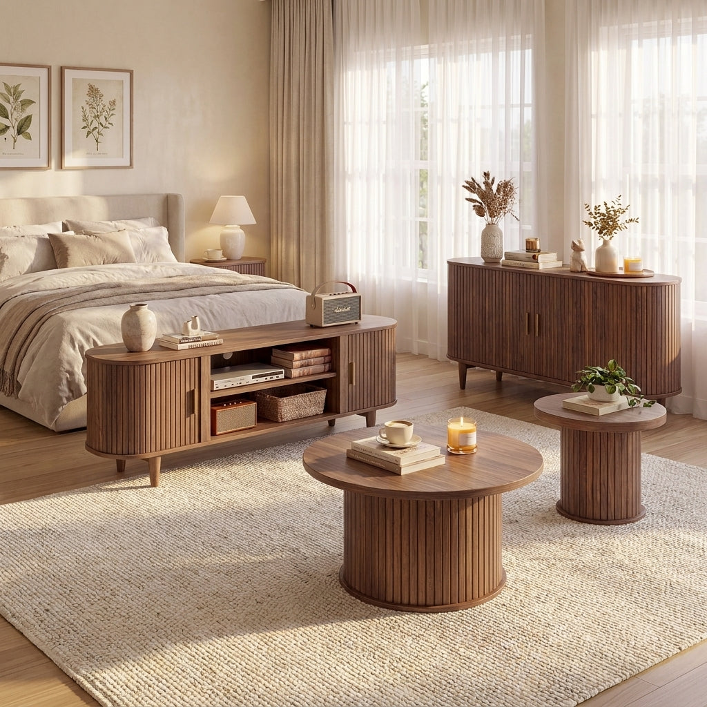 Mid-Century TV Stand with Curved Slatted Sliding Doors, 57.9" Entertainment Center, for Living Room, Chestnut Walnut