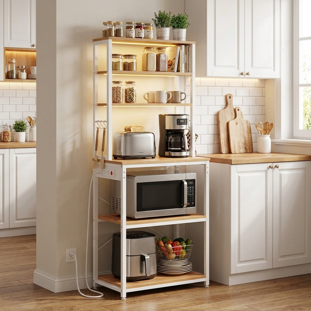 Bakers Rack with Power Outlet, 6-Tier Coffee Bar Storage Shelf, 23.6" Microwave Stand with 6 Hooks, Golden Oak and Cloud White