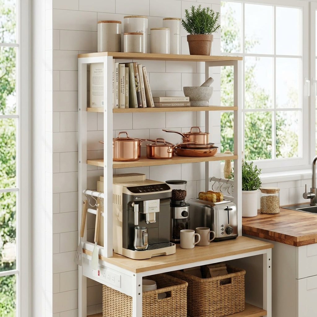 Bakers Rack with Power Outlet, 6-Tier Coffee Bar Storage Shelf, 23.6" Microwave Stand with 6 Hooks, Golden Oak and Cloud White