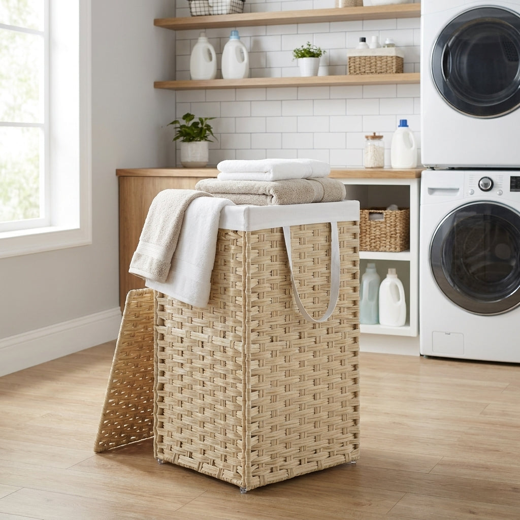 Laundry Hamper with Lid, 17.2 Gal Rattan-Style Clothes Basket, Foldable with Removable Washable Liner & Handles, Summer Sand