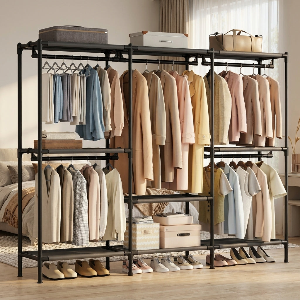 Portable Clothes Rack with Hanging Rails & Shelves, 89.8" Wide Wardrobe Organizer, 297 lb Capacity, for Bedroom, Ink Black