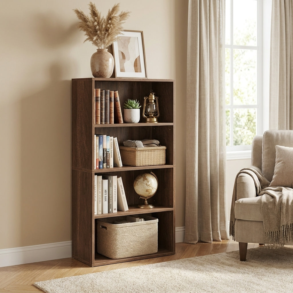 4-Tier Bookshelf, Open Storage Bookcase with Adjustable Shelves, 23.6" Wide, for Living Room Home Office, Natural Walnut