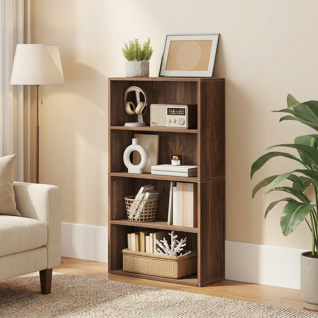 4-Tier Bookshelf, Open Storage Bookcase with Adjustable Shelves, 23.6" Wide, for Living Room Home Office, Natural Walnut