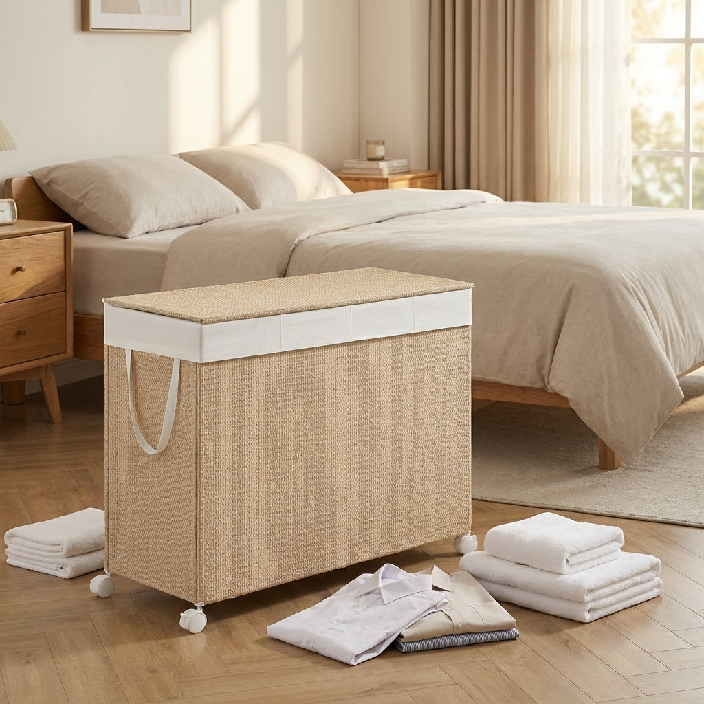 4-Section Rolling Laundry Hamper with Lid, 47.6 Gal Rattan-Style Basket on Wheels, Removable Washable Liner, Natural Beige and Matte White
