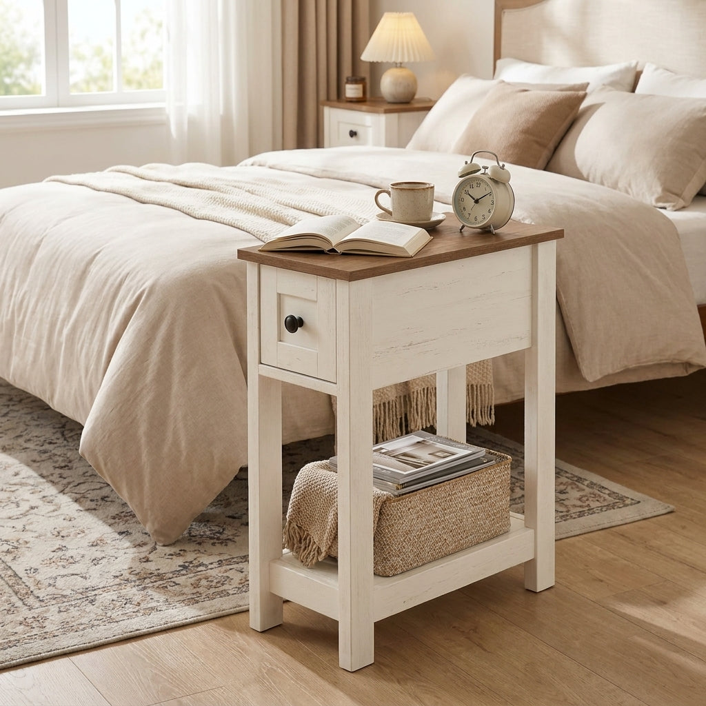 Farmhouse End Table with Charging Station, Narrow Side Table with Drawer, Nightstand, 18.9" x 9.5" x 23.6", Honey Brown and Rustic White