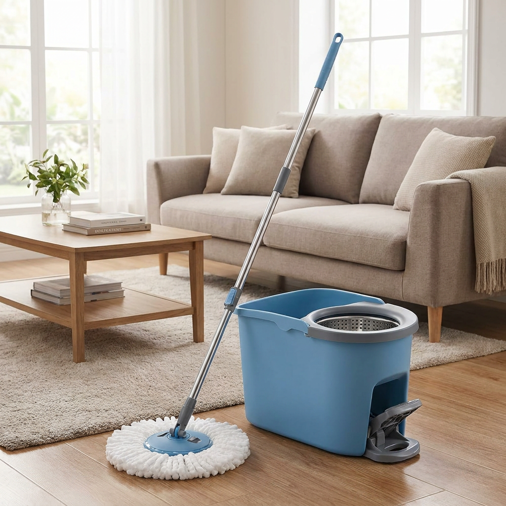 Spin Mop Bucket Set with Pedal Wringer, 360° Mop Head & Telescopic Handle, 4 Microfiber Pads, for Hard Floors, Blue and Gray